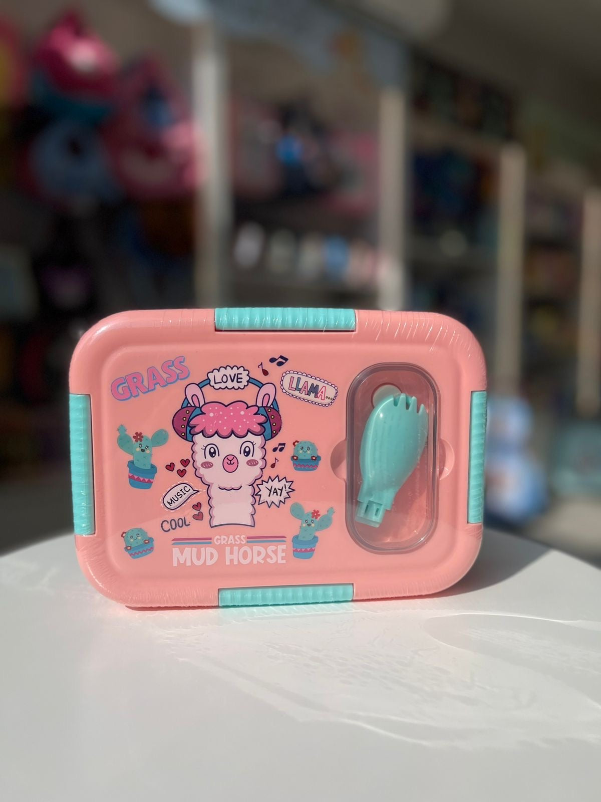 Pink Three Grid Lunch box with Cutlery