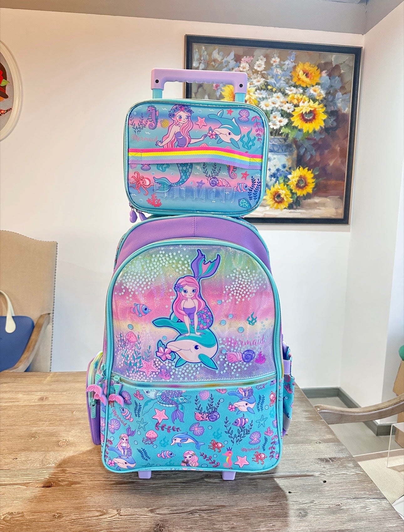20 inches Mermaid Trolley Backpack with Lunch Bag
