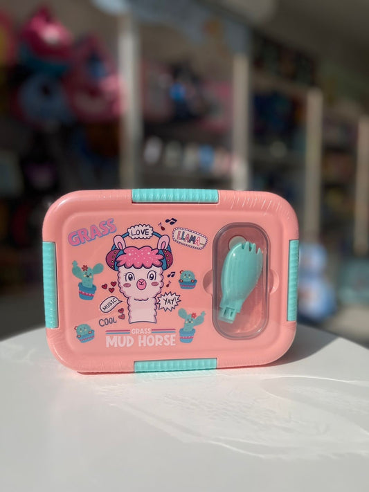 Pink Three Grid Lunch box with Cutlery