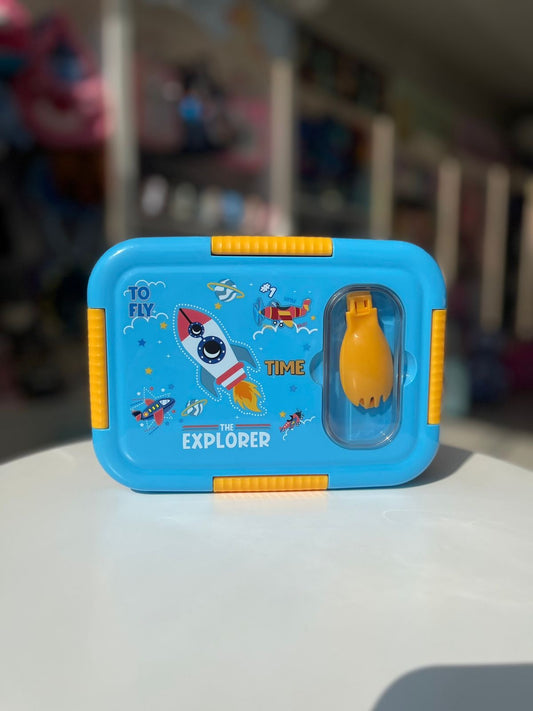 Blue Three Grid Lunch box with Cutlery