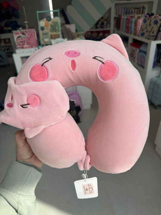 Pink neck pillow with eye mask